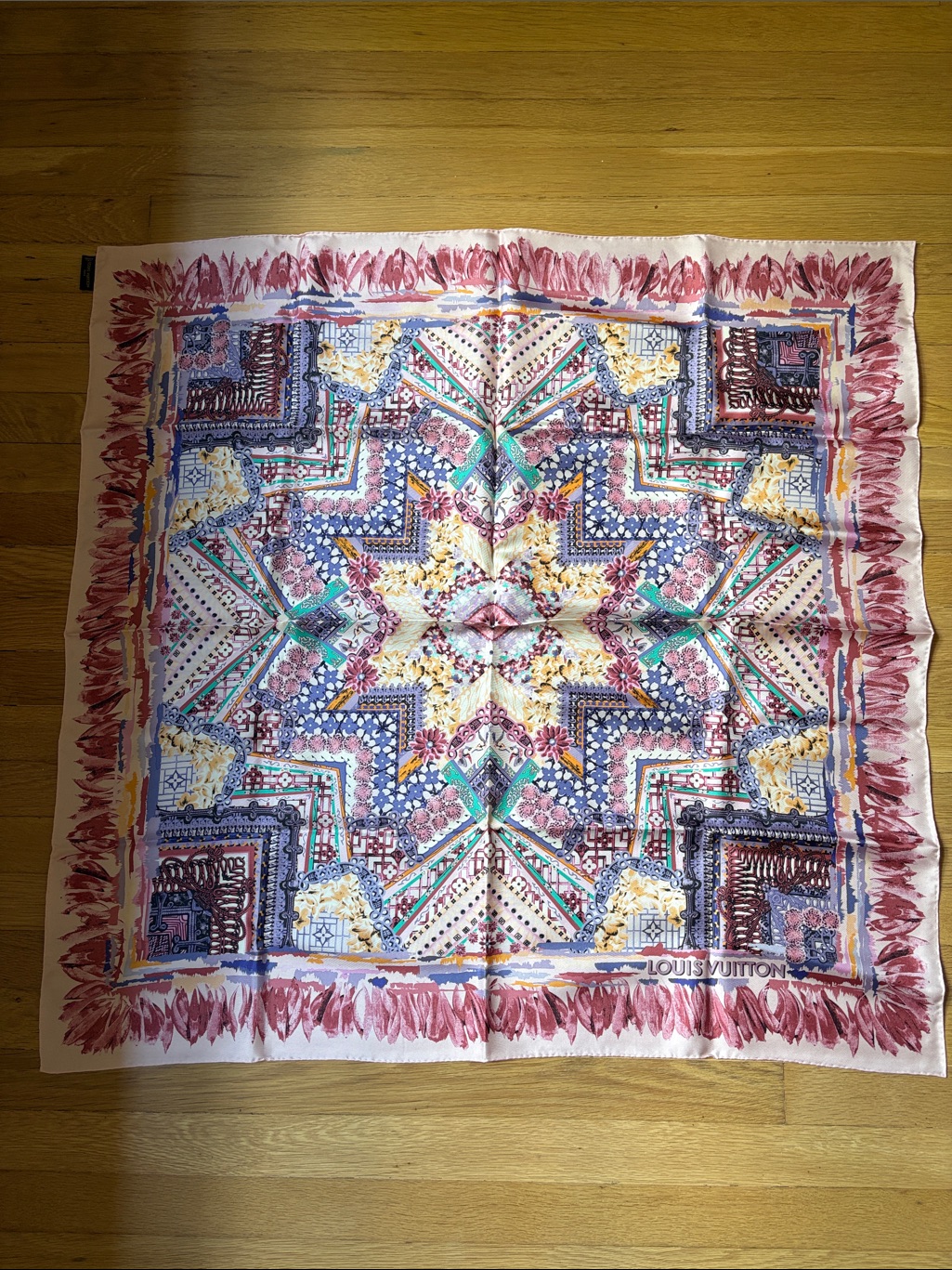 Louis Vuitton Pink Border Multicolor Silk 90cm X 90cm Square Scarf